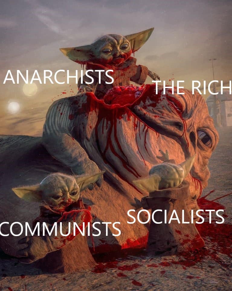 This meme is a humorous commentary on the perceived differences between various ideologies. The image shows a group of characters from the Star Wars franchise, but instead of their iconic costumes, they are dressed in clothing associated with different ideologies (e.g. anarchist, communist, socialist, etc.). The text "Anarchist, Communist, Socialist, Libertarian, and Capitalist" appears in the image, with the character in the middle (Darth Vader) labeled "The Realist".